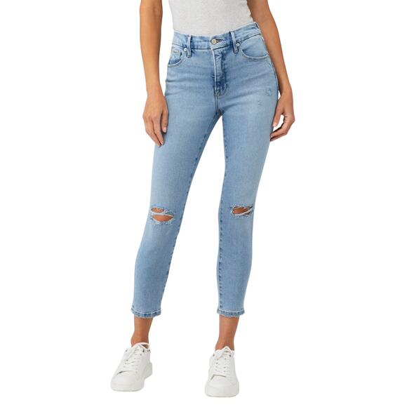 Good American Light Blue Med Wash Good Waist Crop Distressed Knee Jean 6 / 28 - Picture 1 of 14